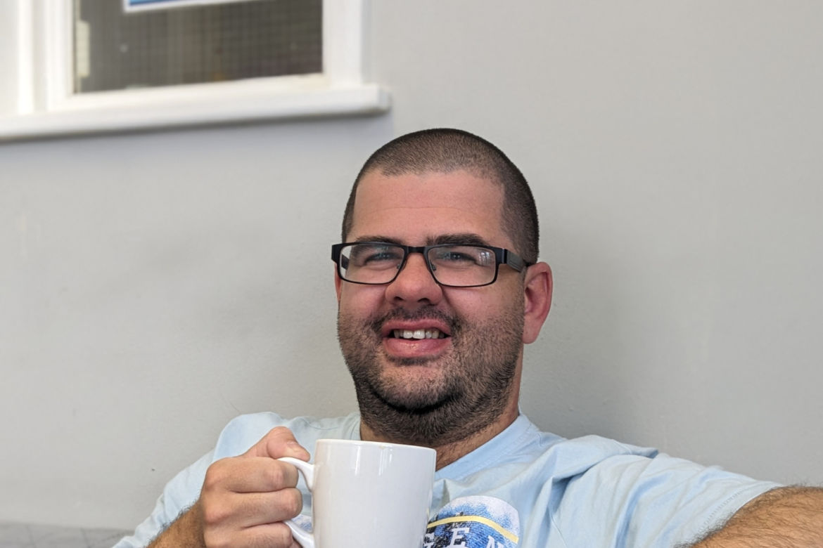 Lee with a cup of tea