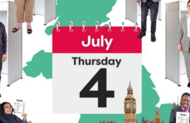 People holding their voting cards with a calendar showing Thursday 4 July